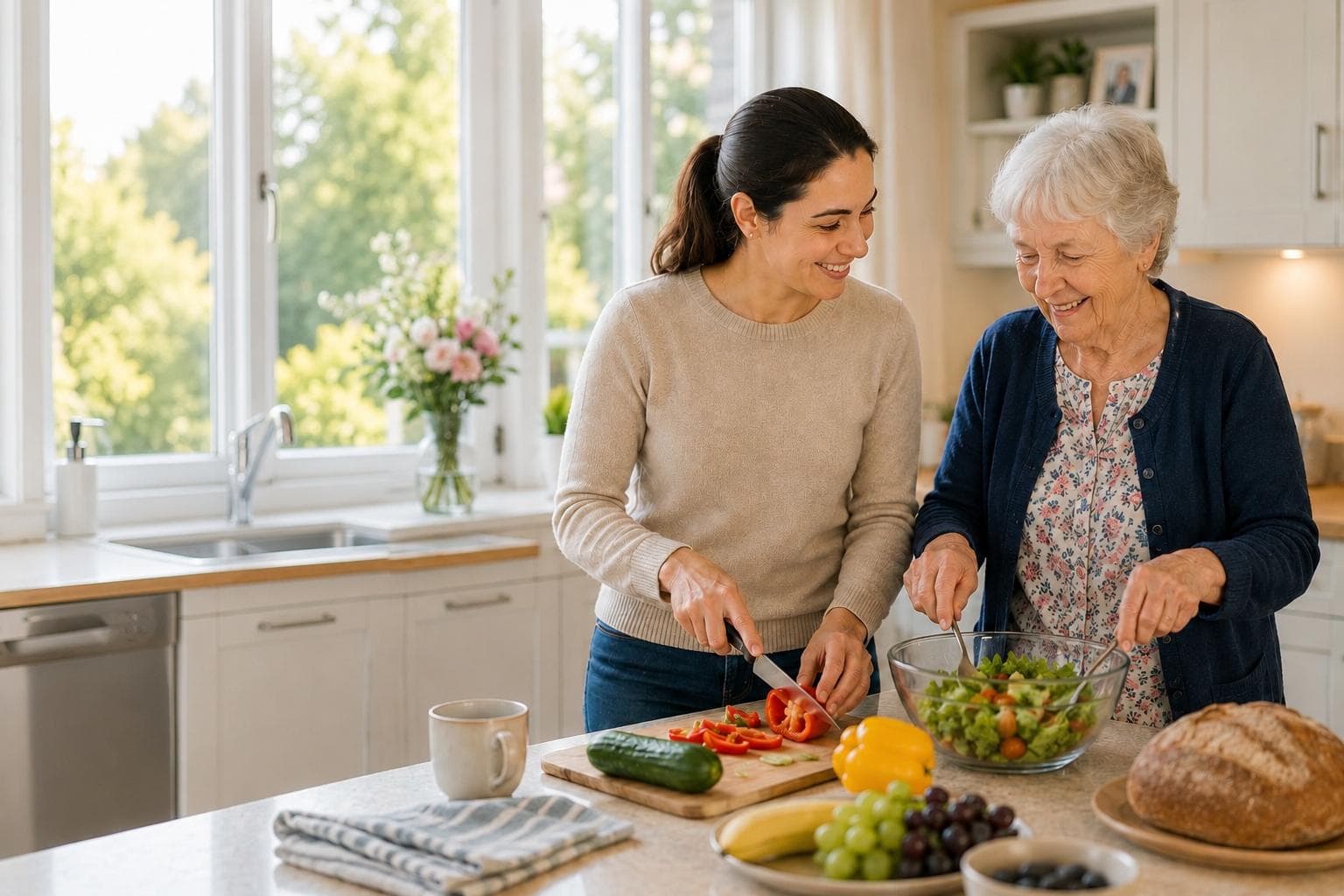 Family carer spending time with a loved one at home before taking a short break