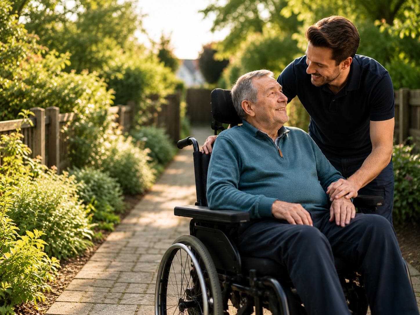 Older person enjoying conversation and companionship with a live-in carer at home