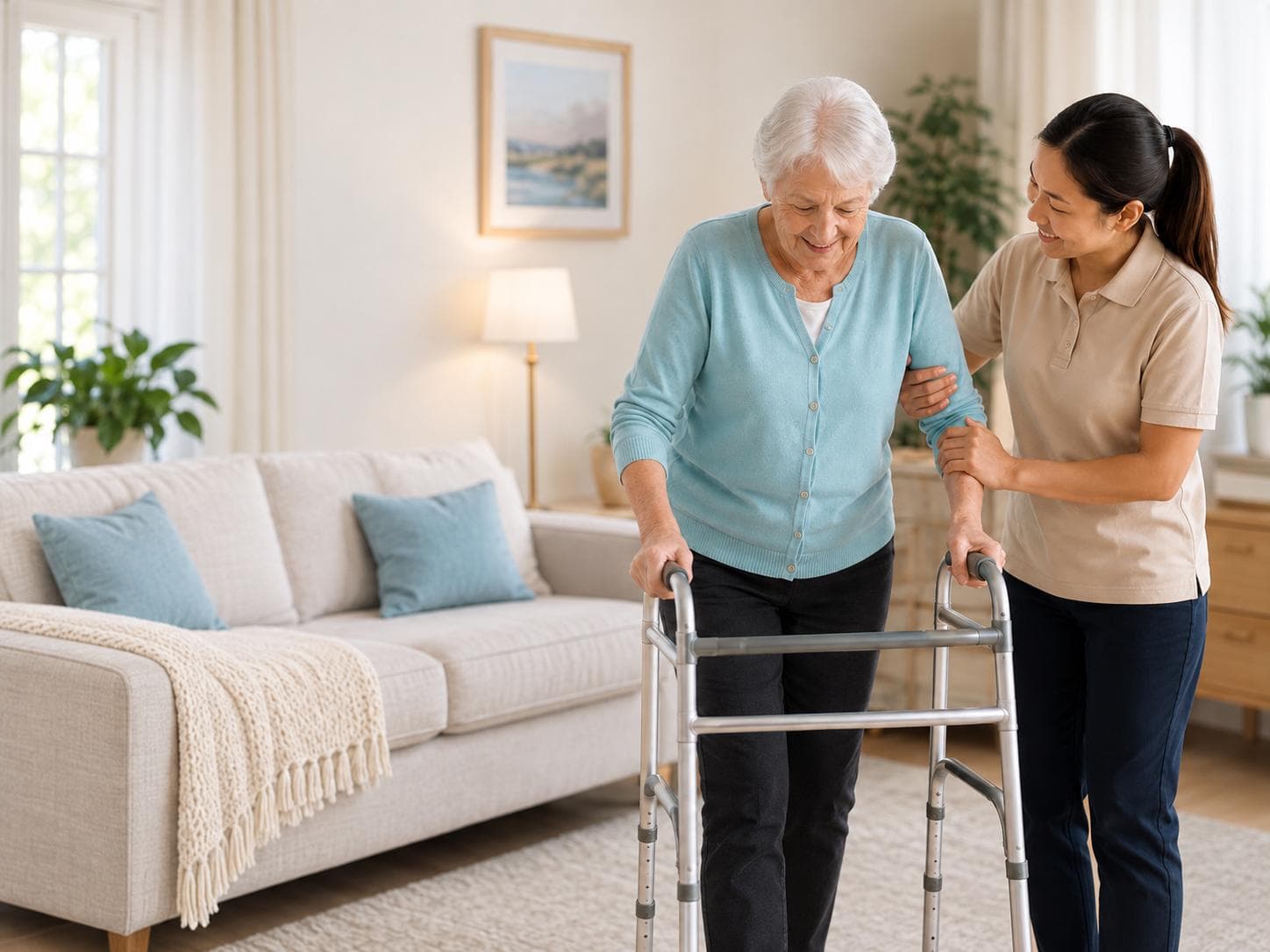 Person living with motor neurone disease receiving support from a live-in carer at home
