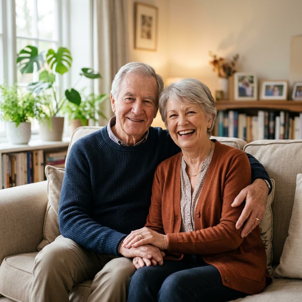 Reassured senior couple supported by Grace & Goodwill live in care