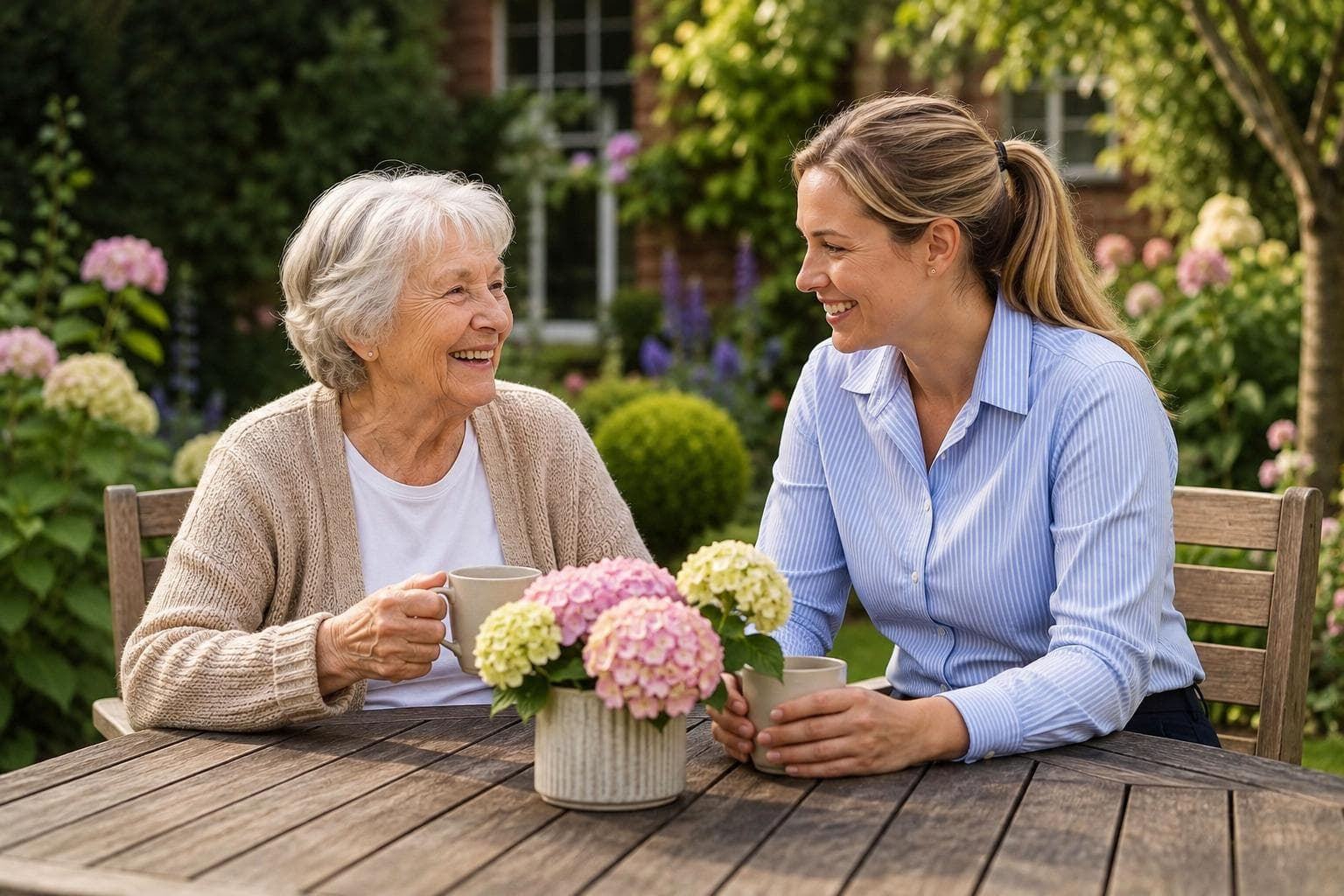 Older person with arthritis receiving mobility support from a live-in carer at home